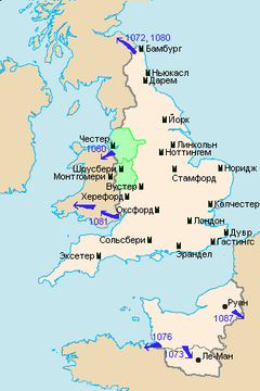 Англо-нормандская монархия в 1087 г. и важнейшие английские замки. Зелёным цветом выделены Чеширская и Шропширская марки