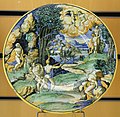 Apollon et Daphné, majolique d'Urbino à décor polychrome historié XVIe siècle.