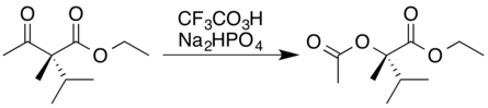 Baeyer-Villiger oxidation of a β-keto ester with trifluoroperacetic acid, illustrating retention of stereochemistry (*)