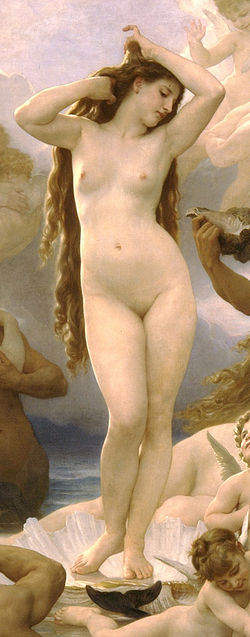 Afrodita surte d'a esbruma d'o mar, coronada con exhuberants trenas (A naixencia de Venus, William-Adolphe Bouguereau, 1879).