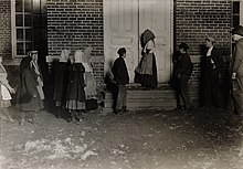 Children going to a 12-hour night shift in the United States, 1908 Child Labor in United States 1908, 12 hour night shifts.jpg