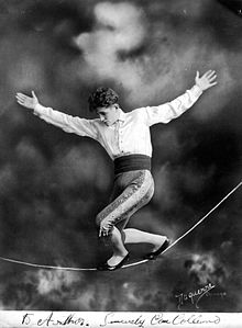 Con Colleano on a slack-wire, circa 1920.jpg