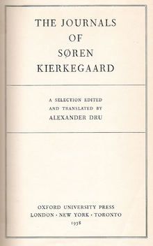 Title page of a book, headed "THE JOURNALS OF SØREN KIERKEGAARD"