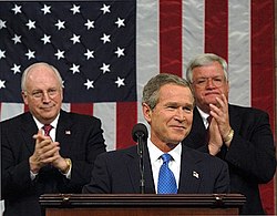 President George W. Bush's 2003 State of the Union address.  Over the President's right shoulder is Cheney; over his left is Dennis Hastert.