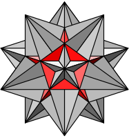 大二十面體與第八星形二十面體的差異在第八星形二十面體缺少的部分以紅色表示
