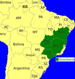 Distribuição de Kielmeyera lathrophyton em Bahia, Goias, Distrito Federal, Minas Gerais e São Paulo.