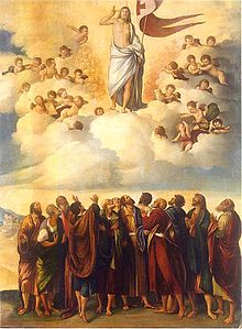 The Ascension, by Dosso Dossi, 16th century. Many Ascension scenes have an upper (Heavenly) and a lower (earthly) part. Dosso Dossi 022.jpg