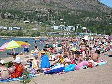 Kazakhstanis on a Lake Jasybay beach, Pavlodar Region Dzhasybay beach.jpg