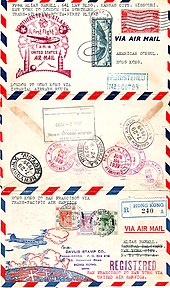 Flown cover carried around the world on PAA Boeing 314 Clippers and by Imperial Airways, June 24 - July 28, 1939 FAM 18 Round the World 1939.jpg