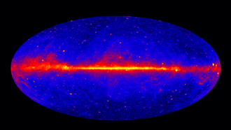 Gamma-ray radiation (greater than 1 Gev) detected over the entire sky; brighter areas are more radiation (five year study by Fermi: 2009-2013) Fermi 5 year 11000x6189.png