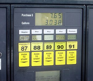 A gas station featuring five Octane ratings, s...