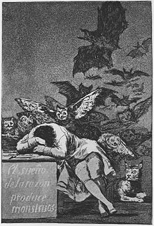 The Sleep of Reason Produces Monsters, c. 1797, 21.5 cm x 15 cm. One of the most famous prints of Spaniard Francisco Goya Goya - Caprichos (43) - Sleep of Reason.jpg