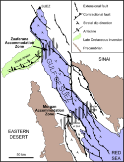 Carte géologique simplifiée du golfe de Suez montrant l'emplacement du Ouadi Araba (en vert).