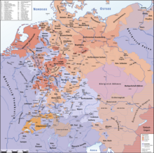 Religious fragmentation in Central Europe at the outbreak of the Thirty Years' War (1618). HolyRomanEmpire 1618.png