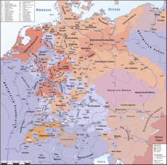 Distribution of Protestantism and Catholicism in Central Europe on the eve of the Thirty Years' War in 1618 HolyRomanEmpire 1618.png