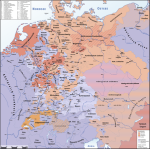 Many Protestant rulers were not members of the Union, most notably the Elector of Saxony. Religious fragmentation in Central Europe on the eve of the Thirty Years' War in 1618. HolyRomanEmpire 1618.png