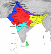 Le maïthili appartient au sous-groupe des langues indiques orientales (en) (indiqué en jaune sur la carte) du groupe des langues indo-aryennes.