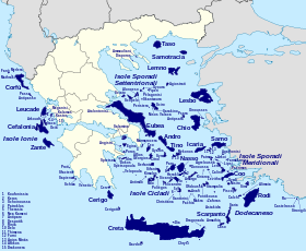 Mappa della Grecia con le principali isole (e relativi arcipelaghi) evidenziate in blu