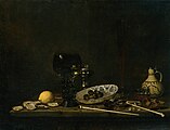 Jan Jansz. van de Velde Stillleben mit Austern, Wein und Rauchwerkzeug, 1651, Öl auf Leinwand, 69 × 89,5 cm, Rijksmuseum Amsterdam
