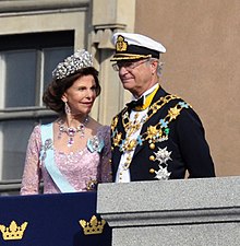 King Carl XVI Gustaf with Queen Silvia at the royal wedding of their daughter Victoria King and Queen of Sweden.jpg