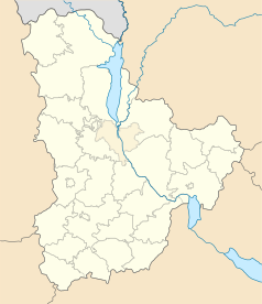 Mapa konturowa Kijowa i obwodu kijowskiego, po prawej znajduje się punkt z opisem „Berezań”