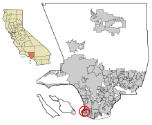 Karte des LA County, inkorporierte Gebiete sind grau eingezeichnet. Palos Verdes Estates ist rot markiert.