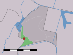 The village (dark red) and the statistical district (light green) of Haarlemmerliede in the municipality of Haarlemmerliede en Spaarnwoude.