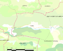 Carte élémentaire montrant les limites de la commune, les communes voisines, les zones de végétation et les routes