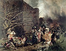 Huile sur toile représentant Charette, entouré de femmes et de soldats vendéens, qui regardent les corps de patriotes massacrés dans les douves du château de Machecoul.