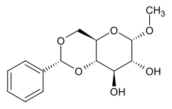 Strukturformel von Methyl-4,6-O-benzyliden-α-D-glucopyranosid