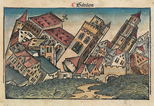 A 1493 woodcut in the Nuremberg Chronicle, depicting the fall of Babylon Nuremberg chronicles f 65r 3.png