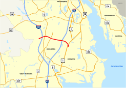 Highways in the Cranston area of central Rhode Island are shown on a map. Route 37 is highlighted, running west to east for 3.5 miles from an unnumbered route in Cranston to U.S. Route 1 in Warwick.