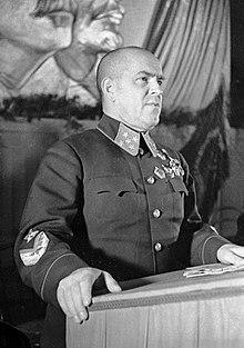 Georgy Zhukov in 1941, wearing the insignia of a Soviet army general RIAN archive 2410 Marshal Zhukov speaking.jpg