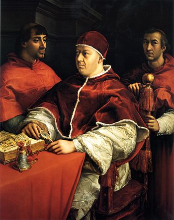 Pope Leo X (center) with his cardinal-nephew G...