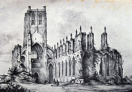 Lithographie : ruinnes éd l'église de Saint-Bertin in 1850.