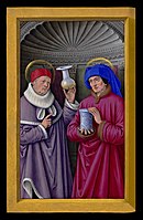 Ikona svatých Kosmy a Damiána, arabských lékařů a starokřesťanských mučedníků. Kosma (vlevo) drží sběrnou baňku na moč a Damián nádobu na léky (malíř: Jean Bourdichon, cca 1503–1508)