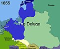 大洪水時代的波蘭立陶宛聯邦。瑞占區 (藍)、俄占區 (淡綠)