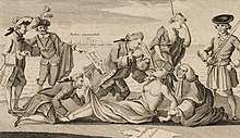 A 1774 illustration from The London Magazine depicts Prime Minister Lord North, author of the Boston Port Act, forcing the Intolerable Acts down the throat of America, whose arms are restrained by Lord Chief Justice Mansfield with a tattered "Boston Petition" trampled on the ground beside her. Lord Sandwich pins down her feet and peers up her robes; behind them, Mother Britannia weeps while France and Spain look on. The able doctor, or America swallowing the bitter draught (NYPL Hades-248165-425086) (cropped).jpg