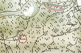 Výřez mapy Situations-Plan Stadt Carlsbad (Otto Schindler, 1885) s vyznačením místa Russelsitz