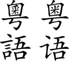 Os caracteres chineses "粵語/粤语", que representam "Yue", foram criados utilizando a fonte truetype 汉鼎简中楷/汉鼎繁中楷 com algumas modificações