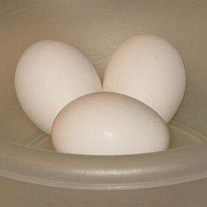 English: A picture of three eggs in a bowl, in...