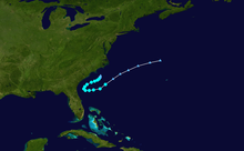 Track of an early season tropical storm off the southeastern United States coastline