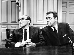 Perry Mason (Raymond Burr) defends Jack Benny, on trial for murder, in an episode of CBS-TV's The Jack Benny Program (1961) Benny-Mason-1961.jpg