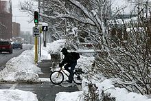 Person on a bike waiting at a stoplight in the snow.