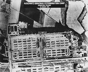 The Birkenau (Auschwitz II) extermination camp photographed by an American surveillance plane on August 25, 1944. Crematoria II and III and the holes used to throw cyanide into the gas chambers are visible. Birkenau25August1944.jpg