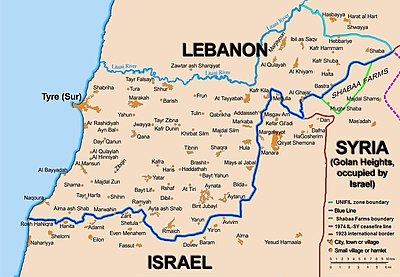 Map 5: The Blue Line covers the Lebanese-Israeli border; an extension covers the Lebanese-Golan Heights boundary. BlueLine.jpg