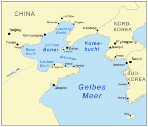 Bohai-Bucht (Bohai Wan), Laizhou-Bucht (Laizhou Wan) und Liaoding-Bucht (Liaoding Wan) im Bohai-Meer (Bo Hai)