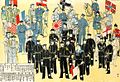 義和団事件に出兵した各国の軍服（主として海軍陸戦隊）を描いた日本の絵図、1900年