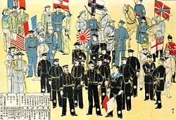 Militistoj de la Alianco de la ok nacioj dum la ribelo de la Boxers. Japana presaĵo, 1900.