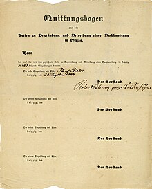 Kwit na udziały w założeniu i prowadzeniu księgarni w Lipsku z potwierdzoną pierwszą wpłatą w wysokości 5 talarów, wystawiony 30 września 1846 roku, podpisany własnoręcznie przez Roberta Bluma jako prezesa zarządu i tymczasowego skarbnika